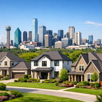 Dallas Fort Worth skyline with suburban neighborhoods during spring real estate season