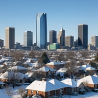 Oklahoma City skyline with suburban neighborhood foreground representing December housing trends