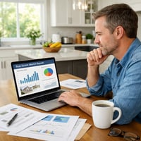 Homeowner reviewing housing market data and home selling options on laptop at kitchen table