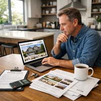 Homeowner reviewing property listing and housing market data on laptop at kitchen table