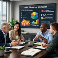 Real estate investor reviewing seller financing paperwork and cash flow projections in office