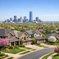 Oklahoma City skyline with Norman suburban neighborhoods during spring housing season
