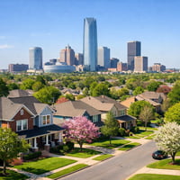 Oklahoma City skyline and Norman residential neighborhoods during spring housing season