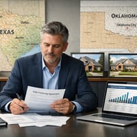 Investor reviewing seller-financed real estate deal with cash flow projections and mortgage documents in Texas