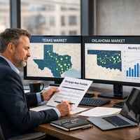 Real estate investor reviewing small balance mortgage notes and cash flow projections in Texas and Oklahoma