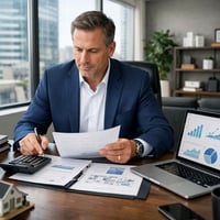 Real estate investor reviewing creative financing deal structure with paperwork and calculator