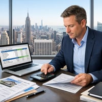 Real estate investor analyzing deal structure and cash flow projections on laptop and property documents