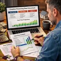 Real estate investor reviewing creative financing deal structure and cash flow projections on laptop and paperwork