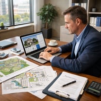 Real estate investor reviewing property opportunities and off market deal information on laptop and paperwork